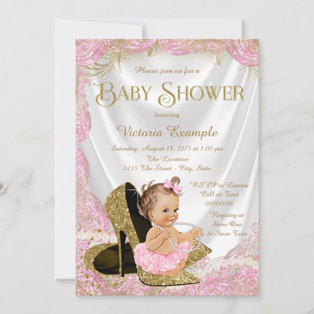 Invitation Baby Shower Filles Chaussures à Talons Perles (Devant)