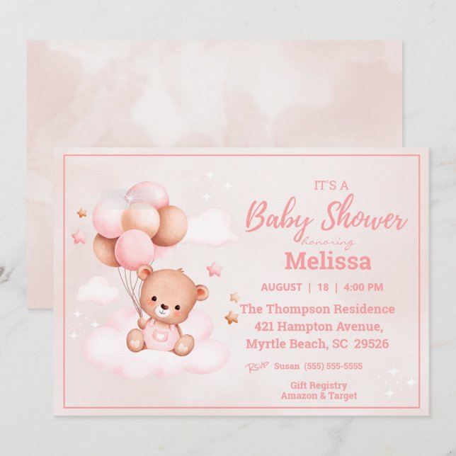 Invitation Baby shower Filles Ours Teddy (Devant / Derrière)