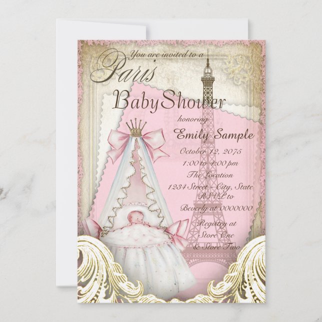 Invitation Baby shower Filles Paris Vintage (Devant)