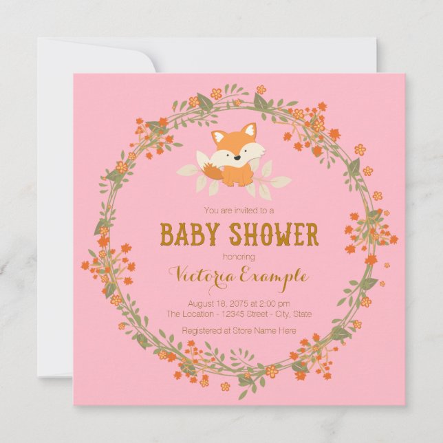 Invitation Baby shower Filles Woodland Fox (Devant)