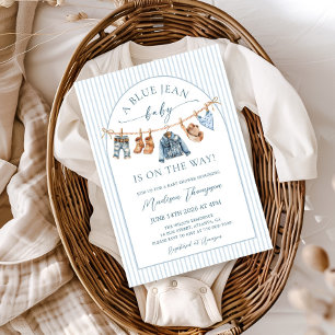 Invitation Baby Shower Fillettes Jean Bleu Rayures et Denim