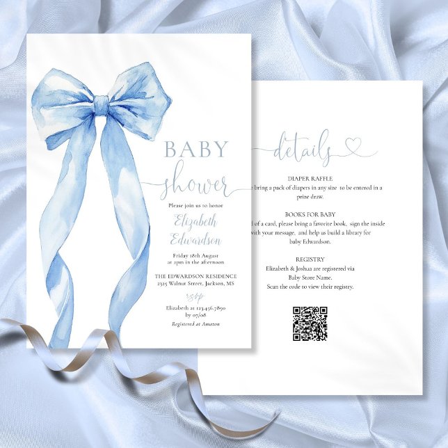 Invitation Baby Shower Filleul au Nœud Bleu Tout En Un (Blue Bow Boy Baby Shower All In One Invitation)