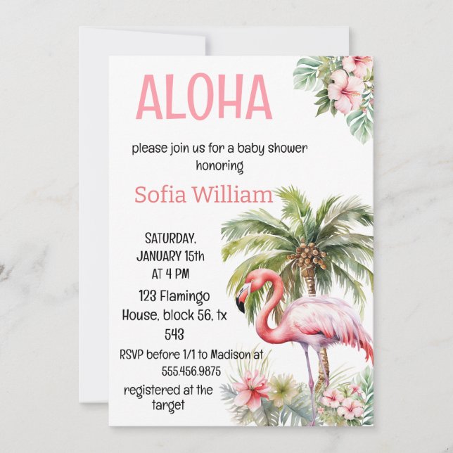 Invitation baby shower flamand rose aloha (Devant)