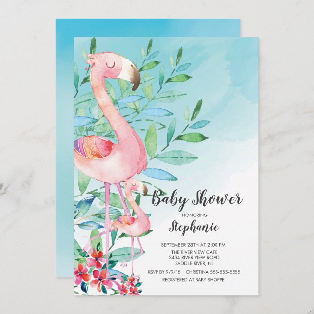 Invitation Baby shower Flamant rose aquarelle (Devant / Derrière)