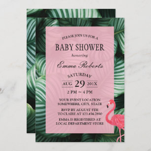 Invitation Baby shower Flamant rose Feuille tropical