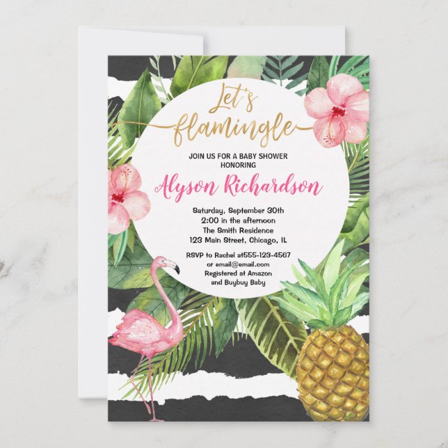 Invitation baby shower Flamant rose, or rose noir tropical (Devant)
