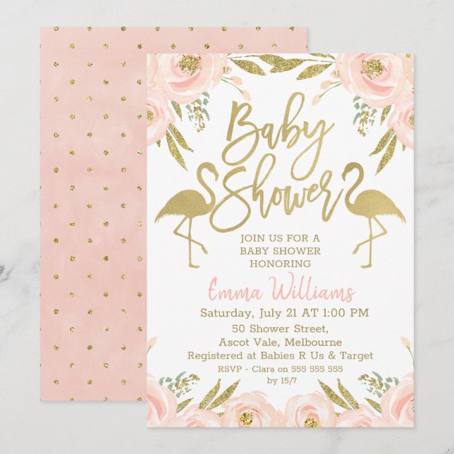 Invitation Baby shower Flamant rose rose or (Devant / Derrière)