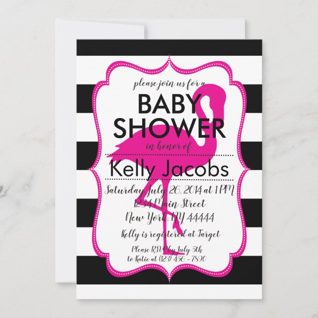 Invitation Baby shower Flamant rose rose rayé (Devant)