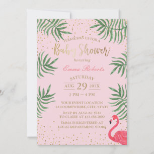 Invitation Baby shower Flamant rose Tropical Gold Confetti