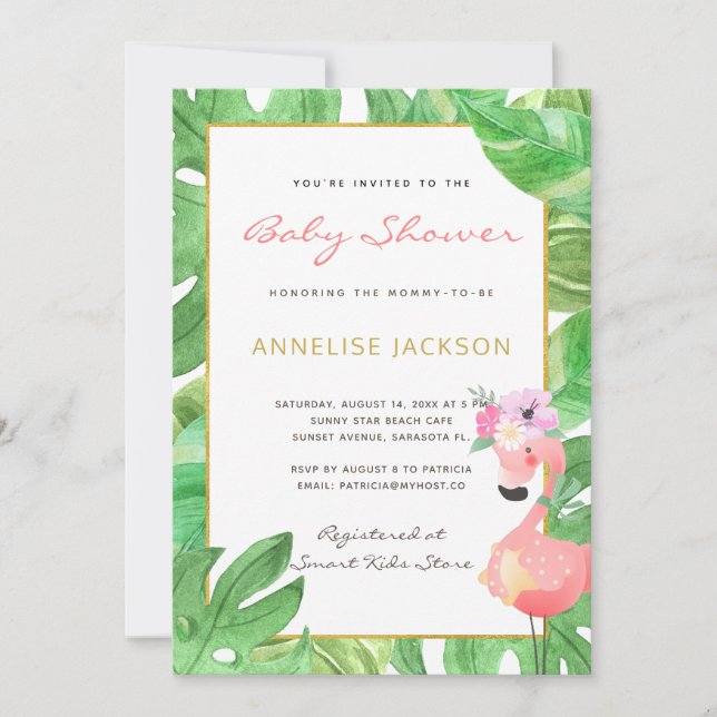Invitation Baby shower flamant rose tropical vert (Devant)