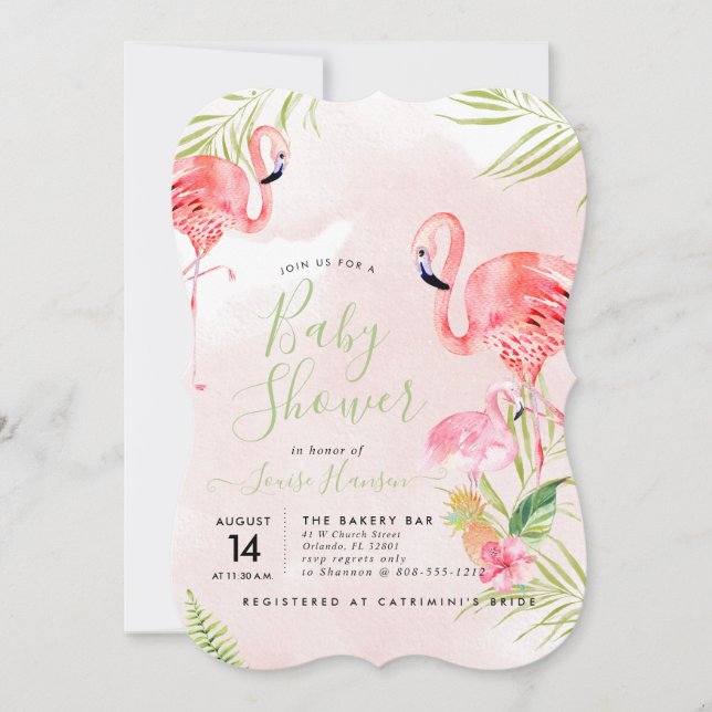 Invitation Baby shower Flamants roses rose aquarelle (Devant)