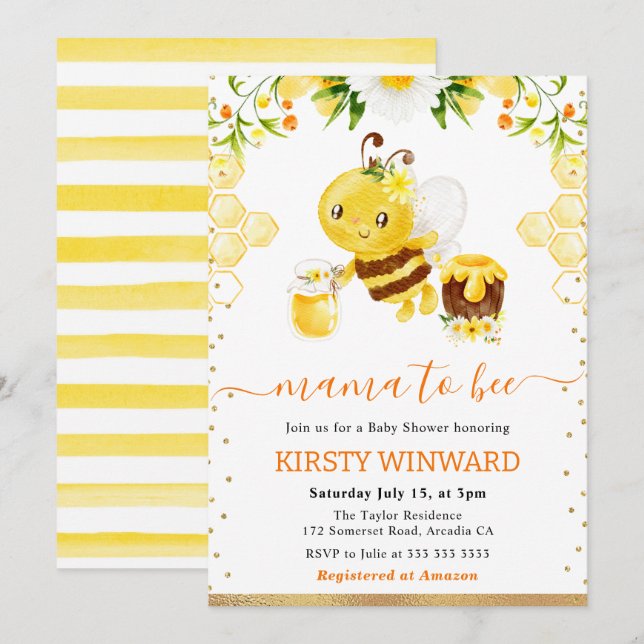 Invitation Baby Shower Fleur Aquarelle Abeille (Devant / Derrière)