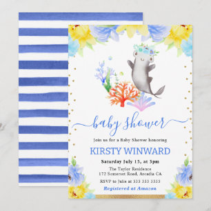 Invitation Baby Shower Fleur Aquarelle Requin Sous-Marin