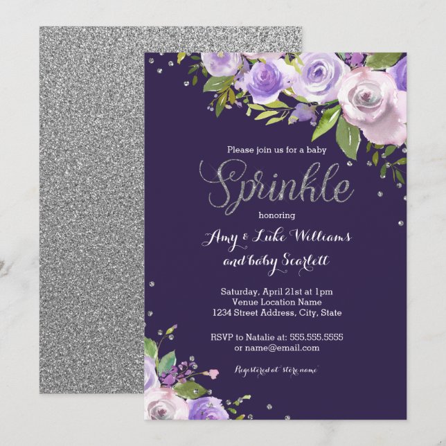 Invitation Baby Shower Fleur avec Paillettes Argent Violet (Devant / Derrière)