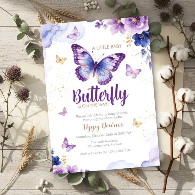 Invitation Baby Shower Fleur Bleu Violet Papillon  (Créateur téléchargé)