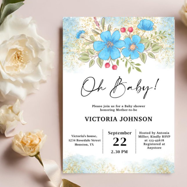 Invitation Baby Shower Fleur Bleue (Créateur téléchargé)