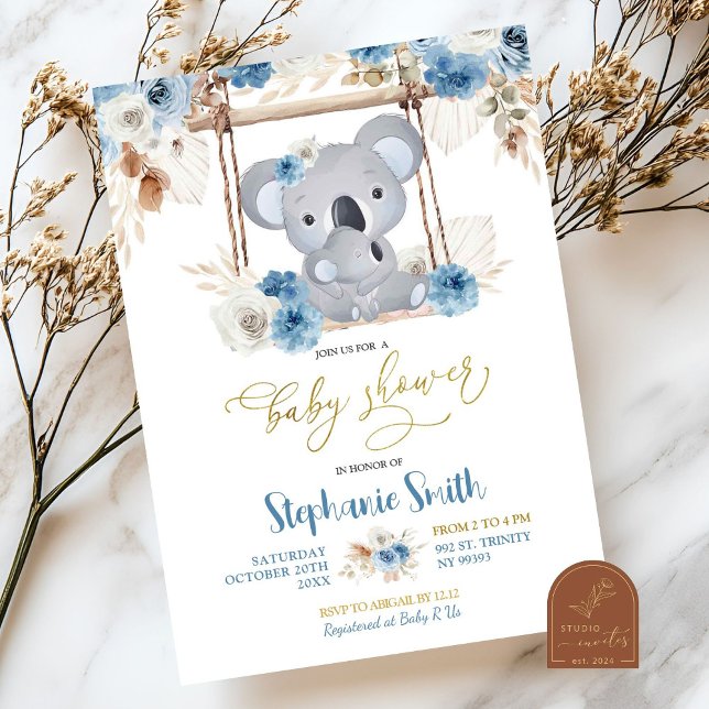 Invitation Baby Shower Fleur Bleue Koala Australien (Créateur téléchargé)