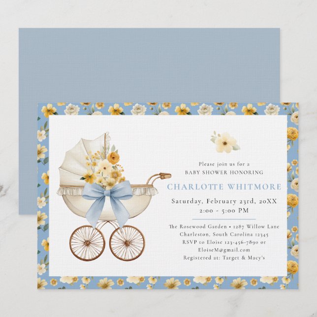 Invitation Baby-Shower Fleur Bleue pour Landau  (Devant / Derrière)
