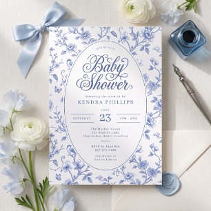 Invitation Baby Shower Fleur Bleue Toile Vintage