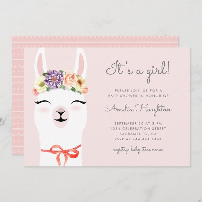 Invitation Baby shower Fleur Cute Couronne & Llama Girl (Devant / Derrière)