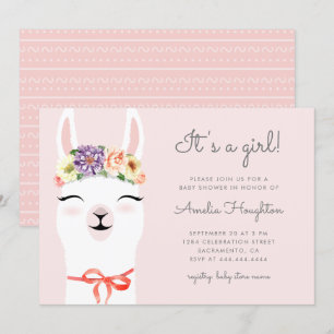 Invitation Baby shower Fleur Cute Couronne & Llama Girl