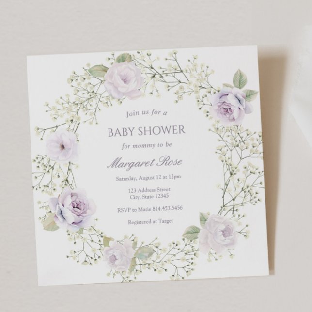 Invitation Baby Shower Fleur de bébé et Roses Violettes (Créateur téléchargé)