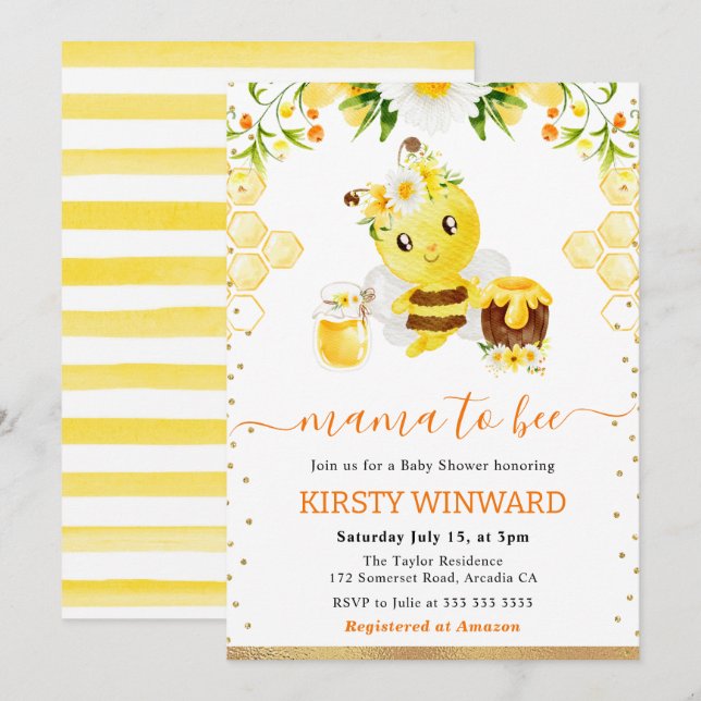 Invitation Baby Shower Fleur de Bee Aquarelle (Devant / Derrière)