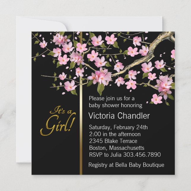 Invitation Baby Shower Fleur de Cerisier Rose (Devant)