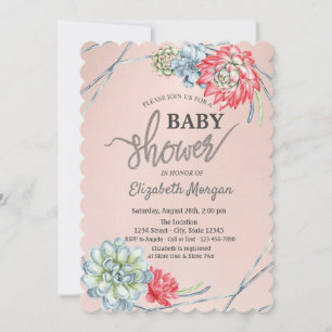 Invitation Baby Shower Fleur de Désert Aquarelle Rouge Succul