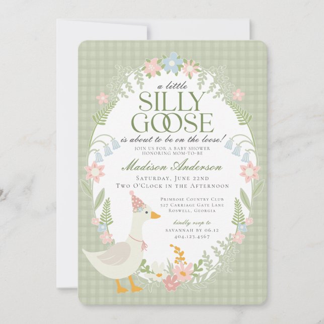 Invitation Baby Shower Fleur de Gingham Silly Goose Verte (Devant)