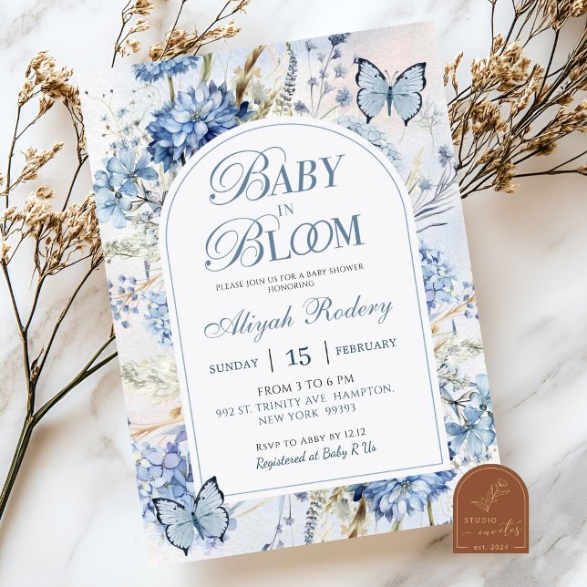 Invitation Baby Shower Fleur de Hortensia Bleu Bébé en Fleur (Créateur téléchargé)