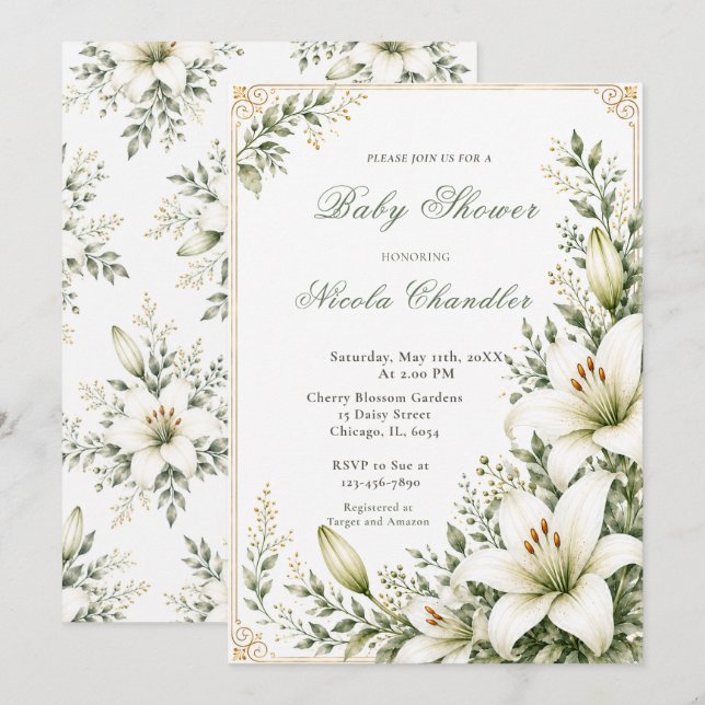 Invitation Baby Shower Fleur de Lys Blanche (Devant / Derrière)