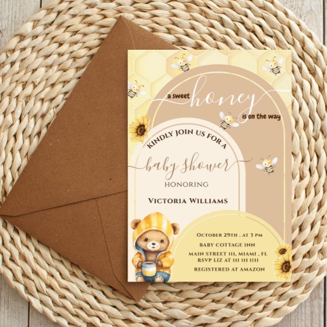 Invitation Baby Shower Fleur de Miel Ours (Créateur téléchargé)