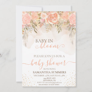 Invitation Baby Shower Fleur de pêche bohème à l'aquarelle 