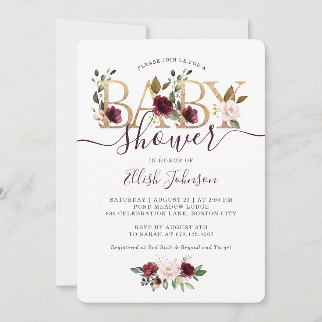 Invitation Baby Shower Fleur de Vin Bourgogne Or (Devant)