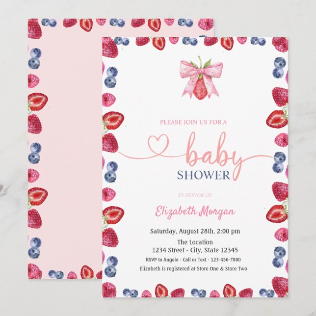 Invitation Baby Shower Fleur d'Eau Myrtille Fraise (Devant / Derrière)