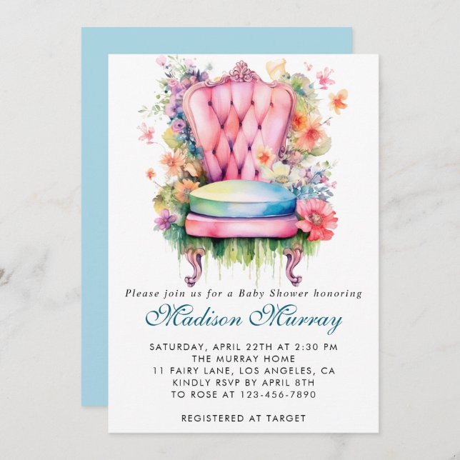 Invitation Baby shower Fleur Fleur Fleur Bleu et Rose (Devant / Derrière)