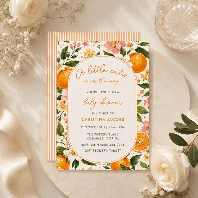Invitation Baby Shower Fleur Orange Mignonne d'Été (Summer Little Cutie Tangerine Floral Baby Shower Invitation)