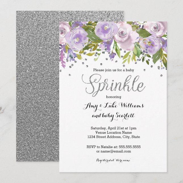 Invitation Baby Shower Fleur Pailletée Violet (Devant / Derrière)