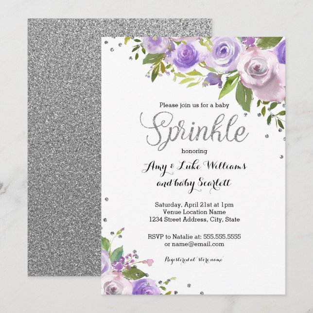 Invitation Baby Shower Fleur Pailletée Violet Argenté (Devant / Derrière)