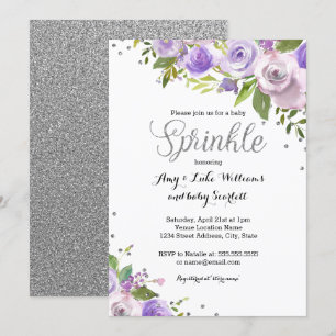 Invitation Baby Shower Fleur Pailletée Violet Argenté