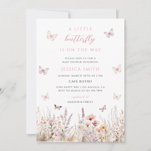 Invitation Baby Shower Fleur Papillon Rose (Devant)