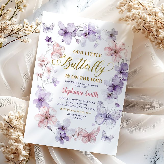 Invitation Baby Shower Fleur Papillon Rose Violet (Créateur téléchargé)
