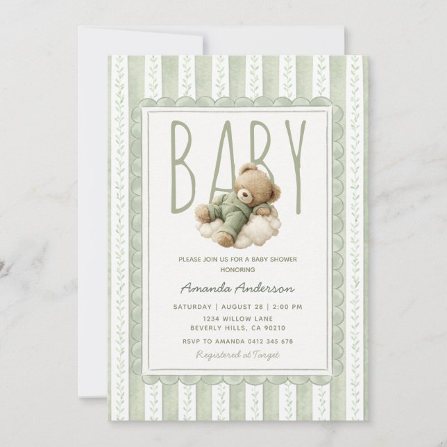 Invitation Baby Shower Fleur Rayure Ours Vert Sauge (Devant)