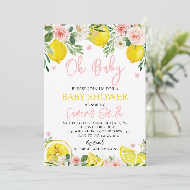 Invitation Baby Shower Fleur Rose Citron (Debout devant)