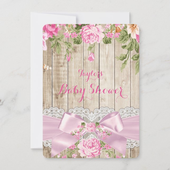 Invitation Baby Shower Fleur Rose Dentelle Bois Rustique (Devant)