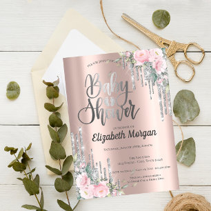 Invitation Baby Shower Fleur Rose Gold aux Gouttes d'Argent