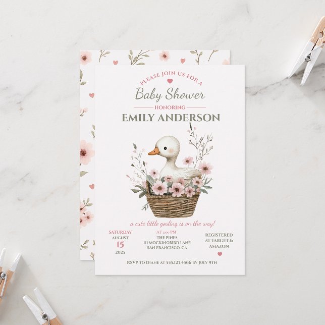 Invitation Baby-Shower Fleur Rose Gosling | (Créateur téléchargé)