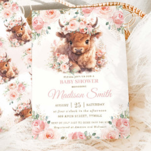 Invitation Baby shower Fleur Rose Pâle Vache Highland Peluche