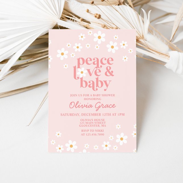 Invitation Baby Shower Fleur Rose Rétro Paix Amour (Créateur téléchargé)